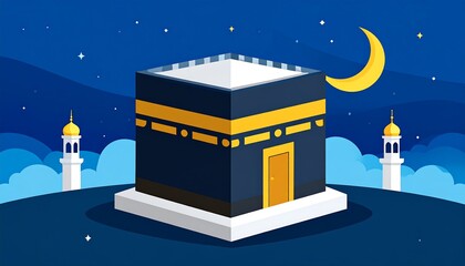 An illustration depicting a holy site at night with a crescent moon and two minarets against a starry sky