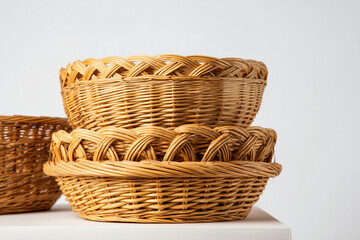 Obraz premium Hand craft empty wicker baskets of different sizes arranged together on podium isolated on white background, Rattan basket on display show podium.