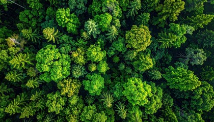 Aerial View of Lush Green Forest Canopy in Sunlight Overhead Perspective with Vibrant Green Hues and Dense Foliage Nature Background