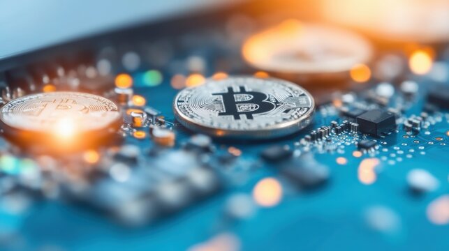 Bitcoin coins placed on a circuit board with glowing lights in the background