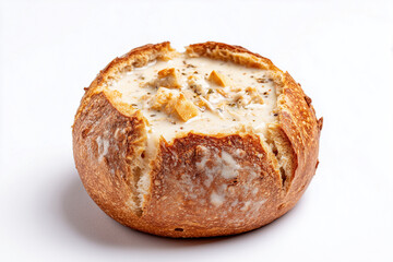 Creamy soup served inside a crusty round bread bowl, garnished with herbs, isolated on white background, Clam chowder soup in loaf of bread.