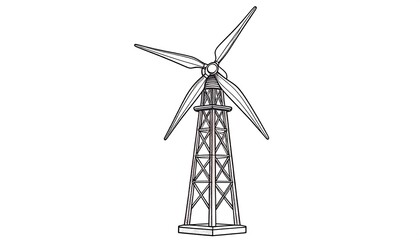 An illustration depicting a tall, industrial wind turbine. The blades are outstretched. Its supporting tower rises above a base
