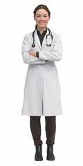Full body portrait of a confident smiling female doctor wearing a white coat and stethoscope standing with folded arms on an isolated white background in photorealistic high definition quality