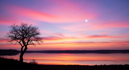 Fototapeta premium Silhouette Tree at Colorful Sunset Sky Over Lake Water Reflection