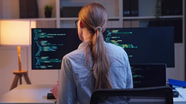Caucasian young female software engineer working at night in the office.