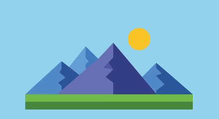 Vector Illustration of Mountain Landscape Scene with Sun, Nature Background, Graphic Design, Tranquil Environment, Digital Art
