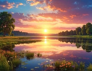 Serene sunset over a tranquil lake