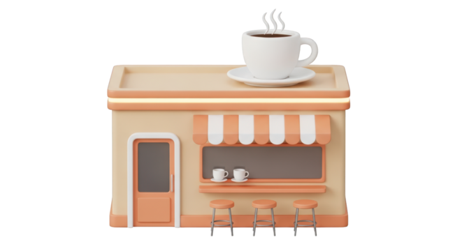 Cartoon Coffee Shop with Outdoor Seating and Coffee Cup on Transparent Background Keywords isolated on a transparent background