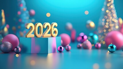 Celebration of New Year 2026 with colorful decorations and festive ornaments