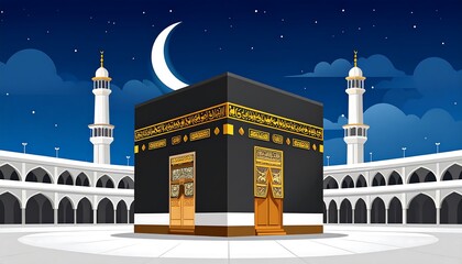 An illustration depicts a black cubic structure, a sacred building, against a night sky with a crescent moon and minarets