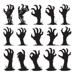 a set of 12 black zombie hand silhouettes rising from the ground in a horror and Halloween style 
