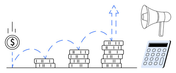 Stacked coins with growth trajectory, calculator, and megaphone highlight profit increase. Ideal for finance, investment, marketing, growth, planning savings business strategy. Simple flat metaphor