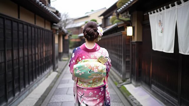A graceful young east asian woman in a vibrant fuchsia, indigo, gold silk kimono walks through a secluded kyoto *roji* alley, soft afternoon light. Profound traditional beauty of ancient japan