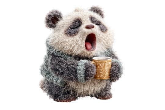 Adorable Cute Baby Panda Bear Sitting with Open Mouth Holding Small Coffee Mug Looking Up Expressing Surprise or Wonder in a Realistic Environment