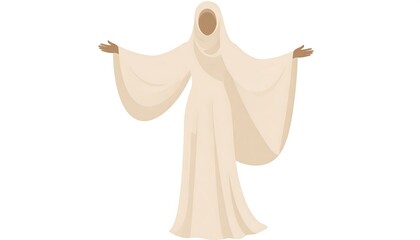 An illustration depicts a person with arms outstretched, draped in flowing, light-toned robes and head covering. Their face is not visible