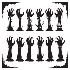 a set of 12 black zombie hand silhouettes rising from the ground in a horror and Halloween style 