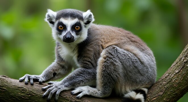 Ring tailed lemur perched on branch peering forward with intense gaze