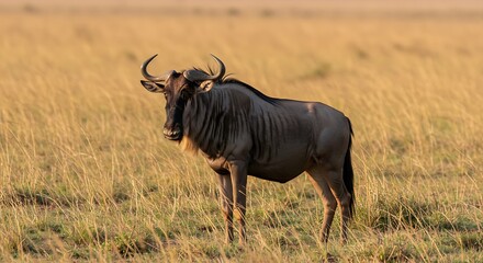 Wildebeest standing in a field during daytime sunlight