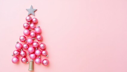 Christmas Tree Made of Pink Baubles on Pink Background