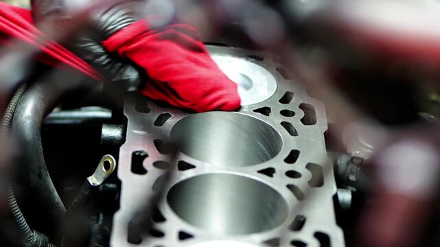 Detail video of mechanic hands cleaning car engine cylinder block with red cloth, wiping edges, channels, and shiny new pistons.