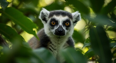 Obraz premium Ring tailed lemur portrait in lush green foliage with focus on the animal