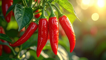 Close Up of Ripe Red Chili Peppers Growing on Green Plant With Dew Drops in Sunlight