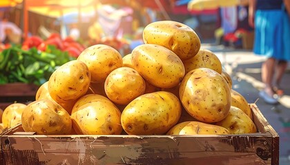 A pile of potatoes in a wooden crate at a market