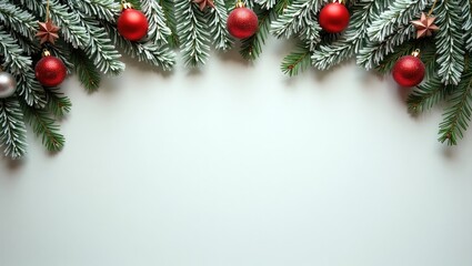 Festive Christmas Garland with Red Ornaments and Evergreen Branches