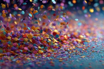 Glittery confetti falling and accumulating, creating texture and depth for a festive celebration, adding vibrant colors and a sense of joyous occasion