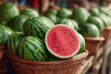 Ripe Watermelons in Wicker Baskets at Outdoor Market, One Sliced Open to Show Juicy Red Interior, Perfect Summer Fruit