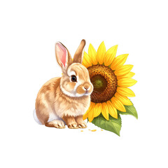 Sunflower with a cute rabbit sitting beside it, cartoon style, white background