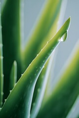 Obraz premium Close-up of fresh aloe plant, green leaf with water drop