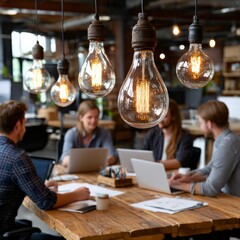Five business colleagues at a wooden table in an industrial loft office, natural light and hanging lamps, creative team energy 