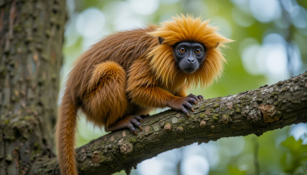 Golden-headed Lion Tamarin (Leontopithecus chrysomelas) Perched on a Tree Branch - Powered by Adobe