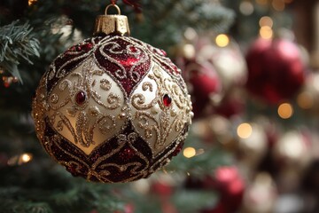 Close-up of a beautiful red and gold ornate bauble hanging on a Christmas tree, festive decoration for Christmas in December