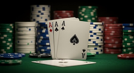 Poker hand aces showing against stacks of poker chips on green felt