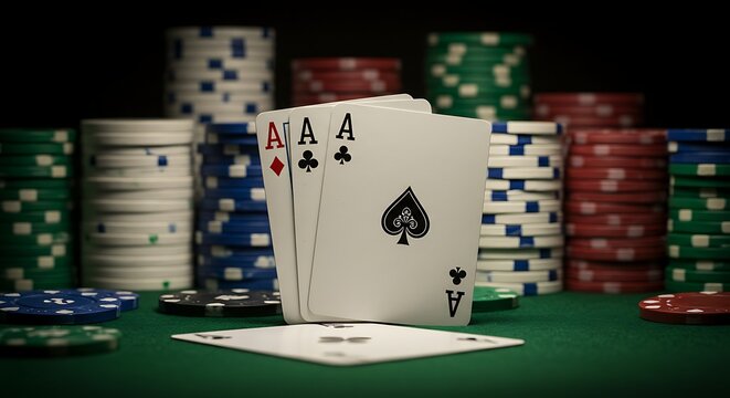 Poker hand aces showing against stacks of poker chips on green felt