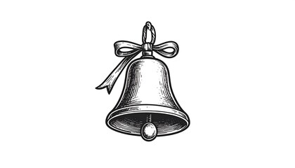 An illustration of a bell with a bow tied at the top, rendered in detailed, grayscale line art on a white background