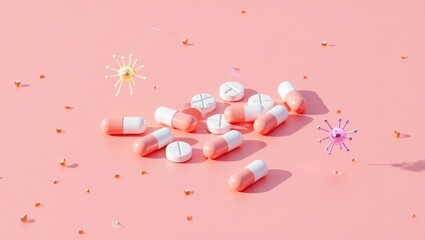 Pink Pharmaceutical Background with Pills and Virus Icons