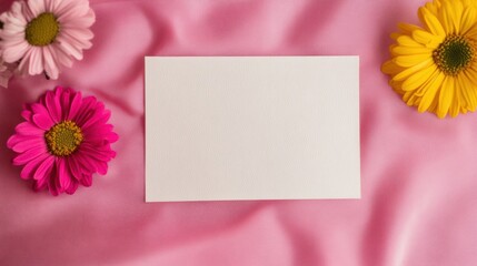 Bright spring flowers surround a blank card on soft pink fabric backdrop