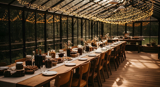 Festive dinner table setting in a greenhouse with string lights overhead