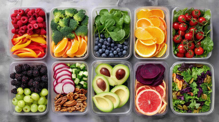 Variety of fresh fruits and vegetables in containers including berries broccoli spinach citrus tomatoes and avocado displayed on gray surface
