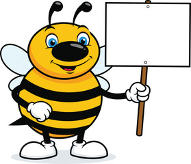Cartoon bee character holding blank sign, smiling insect mascot, vector illustration, cute bug, promotional design, cheerful branding, advertising concept