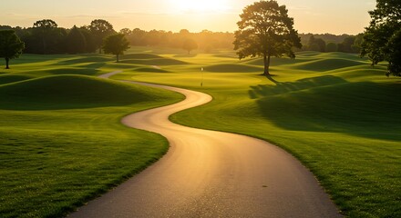 Winding pathway through a golf course at sunset