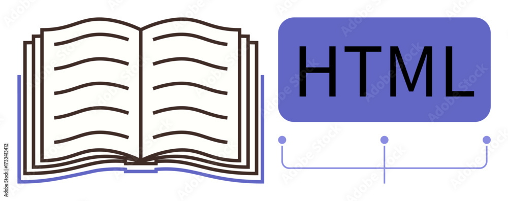 Wall mural open book beside html label with connection lines, symbolizing learning, web development, education,