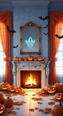 Obraz premium Halloween decoration with pumpkins fireplace ghost in mirror and bats