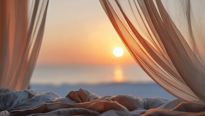 Obraz premium Sunrise through sheer curtains, bed