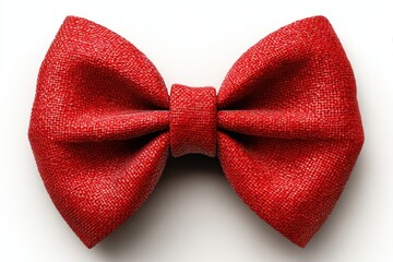 Detailed view of a stylish handmade red bow tie, crafted from textured fabric, lying neatly on a plain white background, suitable for weddings or formal occasions