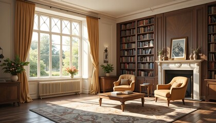 Sunlit Cozy Home Library with Elegant Window and Books for Virtual Meeting Backgrounds