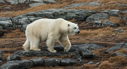 Polar bear walking across rocky terrain in natural environment